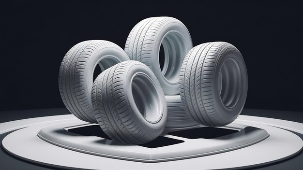 Foto cinco neumáticos de coche en una representación 3d idolatrada blanca