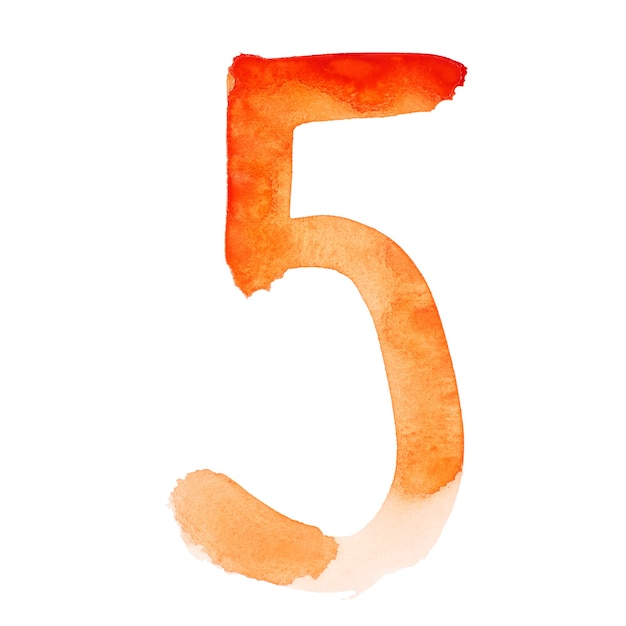 Cinco - Números laranja pintados à mão em aquarela