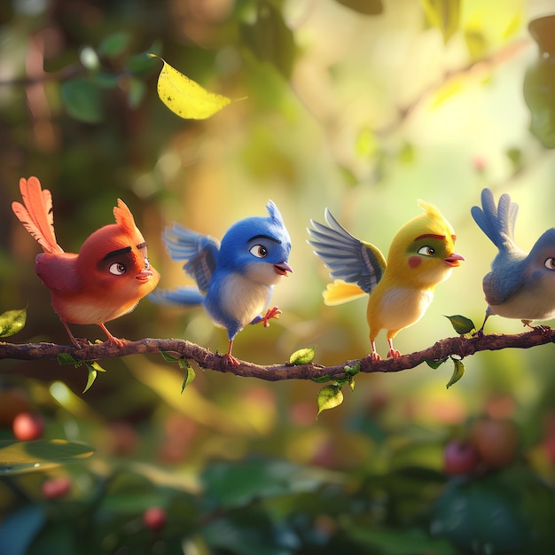 Cinco pássaros estão pulando felizes nos galhos varrendo