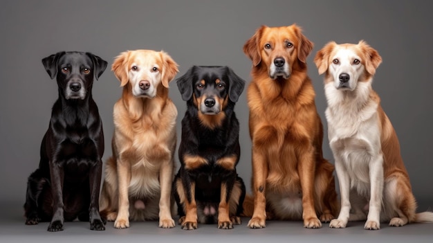 Cinco perros se sientan en fila y miran a la cámara