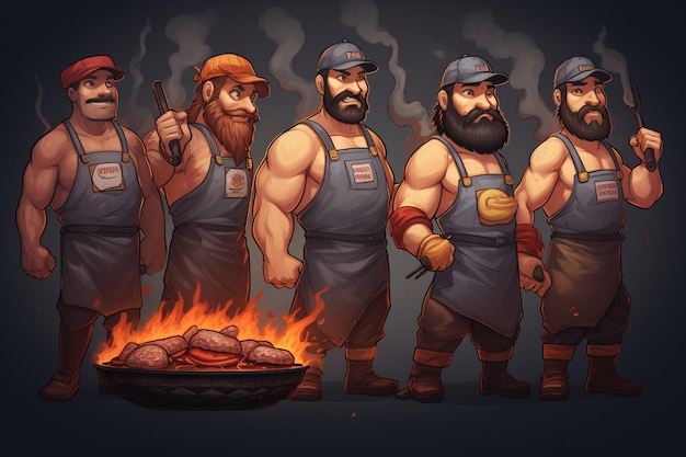 Cinco pessoas cozinhando personagens