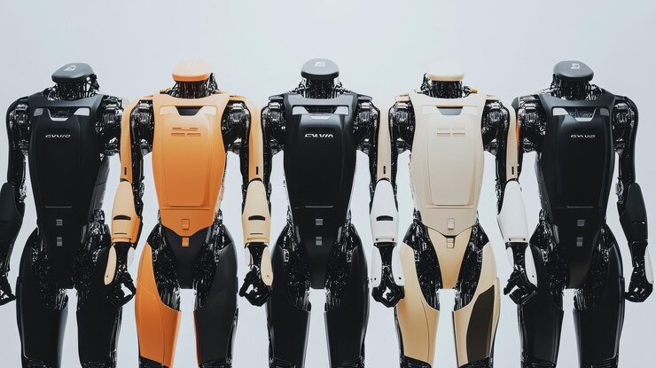 Foto cinco robots humanoides en una fila