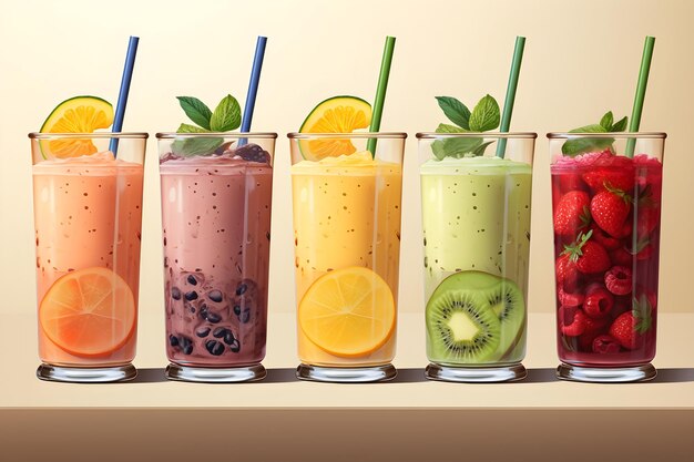 cinco smoothies diferentes estão alinhados com canudos