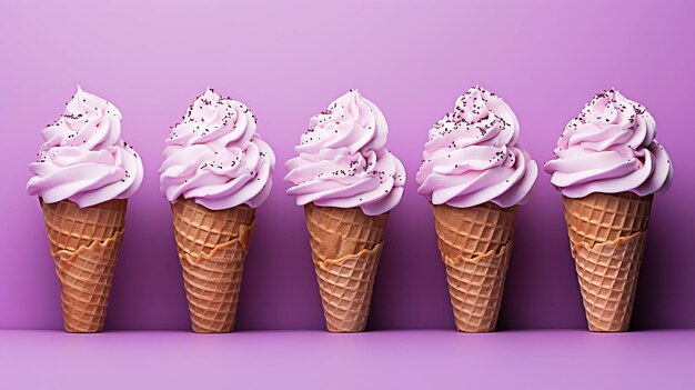 Cinco sorvetes lilás em cone isolado em um banner doce de fundo roxo Generative AI