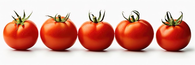 Cinco tomates alinhados em fila sobre um fundo branco