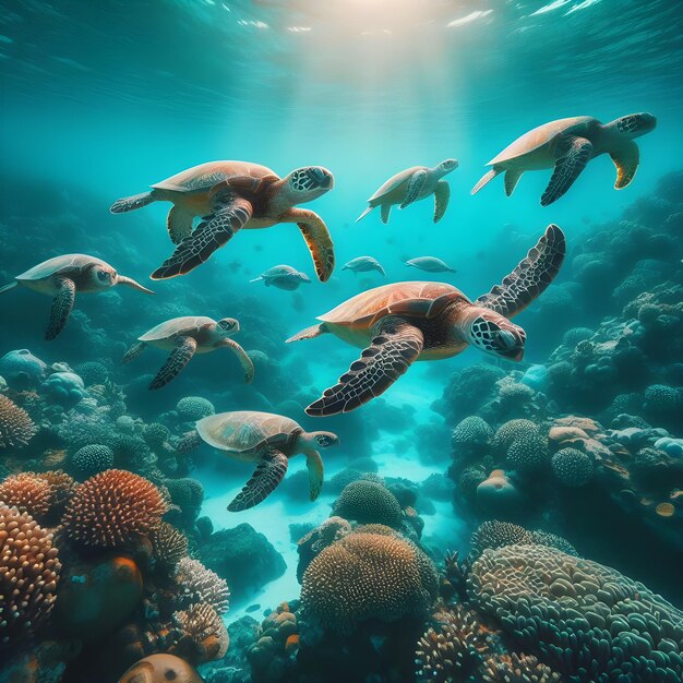 Foto cinco tortugas nadando en el océano