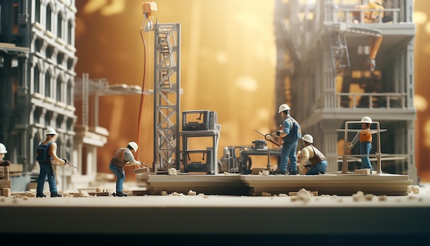 Foto cinco trabajadores trabajando en un edificio fondo borroso en miniatura