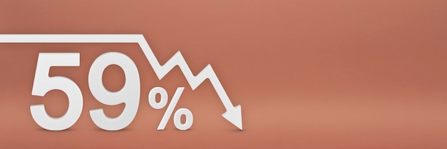 El cincuenta y nueve por ciento de la flecha en el gráfico apunta hacia abajo Desplome del mercado de valores Inflación del mercado bajista Colapso económico Colapso de acciones Banner 3d Signo de descuento del 59 por ciento sobre un fondo rojo