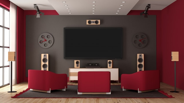 Cine en casa moderno con TV plana y equipo de audio.