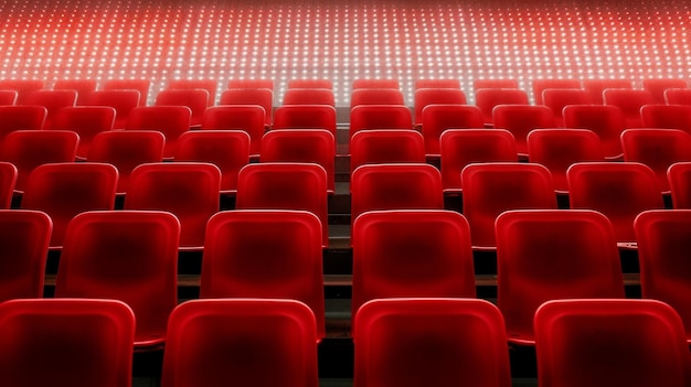 Un cine con filas de asientos rojos y una escalera.