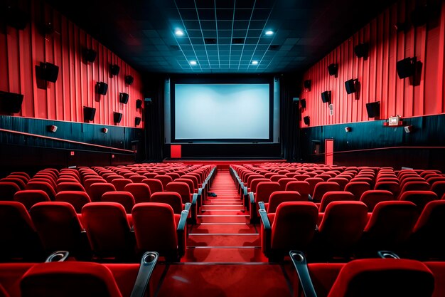 Un cine con filas de asientos vacíos y una gran pantallaUn cine vacío con sillas rojas una gran pantalla y una iluminación tenue