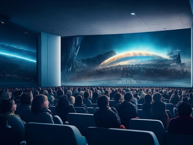 Cine del futuro lleno de gente esperando la última película de la noche IA generativa