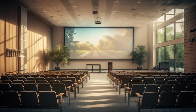 Cine moderno vacío o sala de conferencias con proyección de la naturaleza