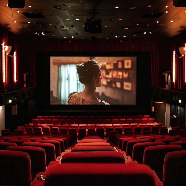 un cine con una mujer en la pantalla y las palabras la película en la pantalla