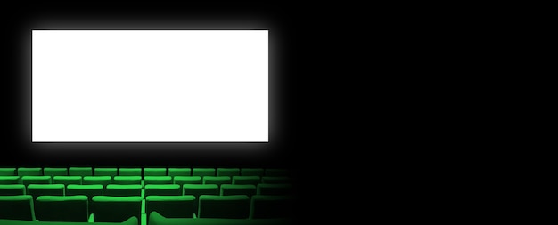 Cine sala de cine con asientos de terciopelo verde y una pantalla en blanco. Copie el fondo del espacio. Banner horizontal