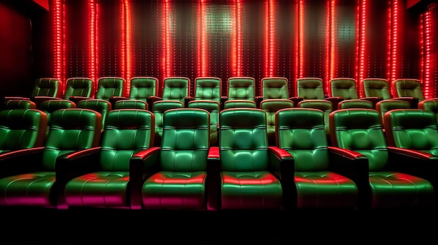 Un cine con sillas verdes y rojas y una cortina roja.