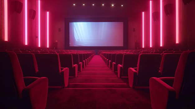 Cine vacío con asientos rojos y luces de neón diseño moderno de cine listo para la audiencia la esencia de la experiencia cinematográfica IA