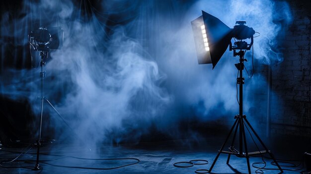 cineasta creador de video fotografía conjunto herramientas sala eléctrica luces de humo oscuro