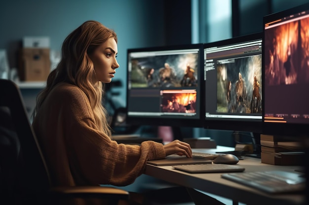 Cinegrafista editando um projeto de vídeo Usando software de pós-produção em execução em uma empresa de multimídia digital com dois monitores Retocador Processamento Edição de filme de áudio no PC