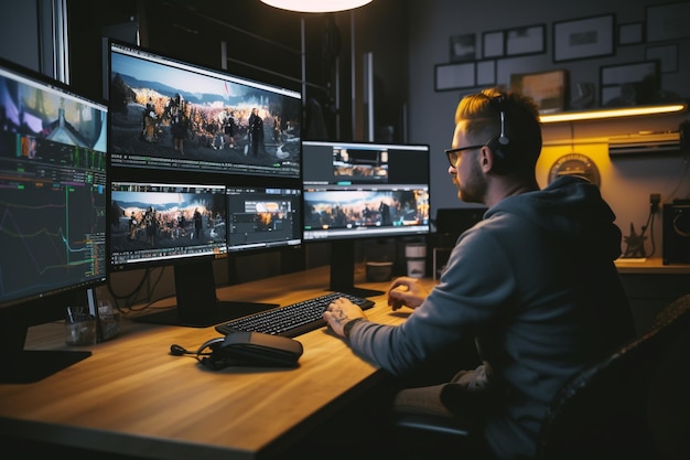 cinegrafista focado editando filme em computador profissional sentado na mesa do escritório de negócios