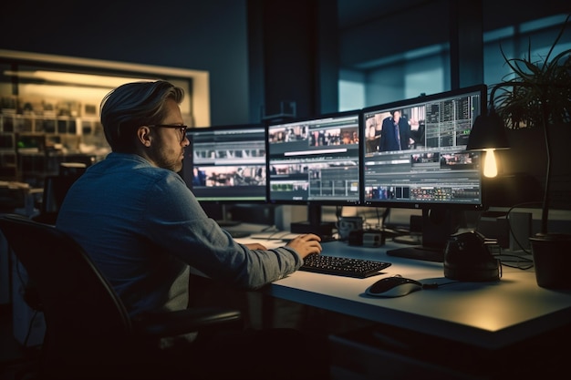 cinegrafista focado editando filme em computador profissional sentado na mesa do escritório de negócios