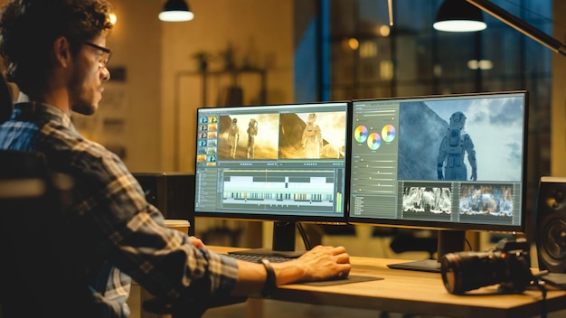 Cinegrafista profissional de escritório criativo tarde da noite trabalha em computador de mesa fazendo filmagens