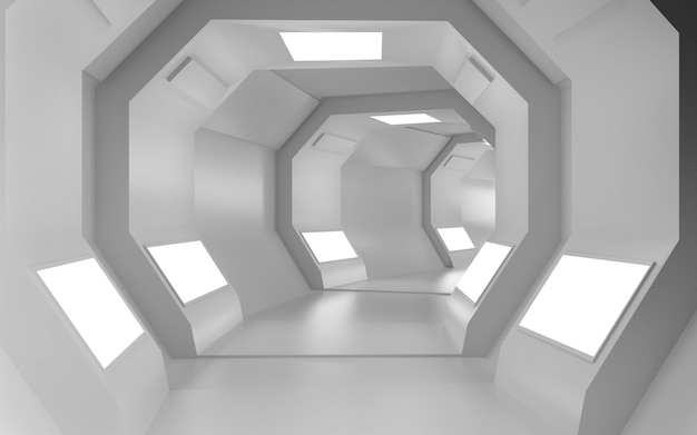 Cinema 4D-Hintergrund-Rendering eines achteckigen Tunnels mit weißen Lichtern für eine Modellanzeige