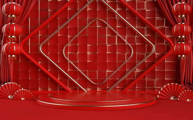 Cinema 4D-Rendering einer roten Hintergrundplattform mit Dekorationen im chinesischen Stil