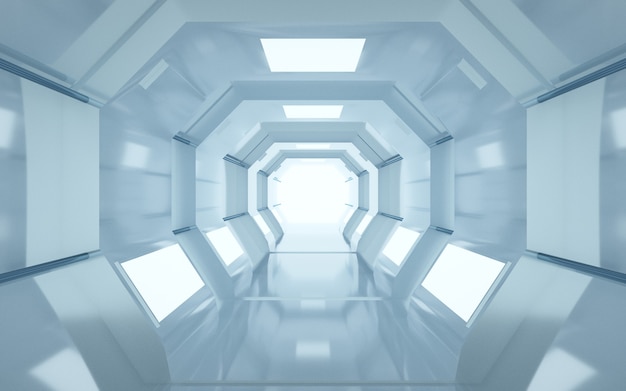 Foto cinema 4d-rendering eines achteckigen tunnelhintergrunds mit weißen lichtern für eine modellanzeige