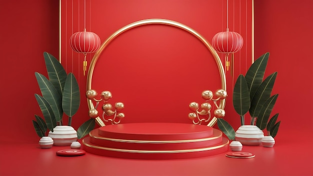 Cinema 4d renderização de uma plataforma de fundo vermelho com decorações de estilo chinês