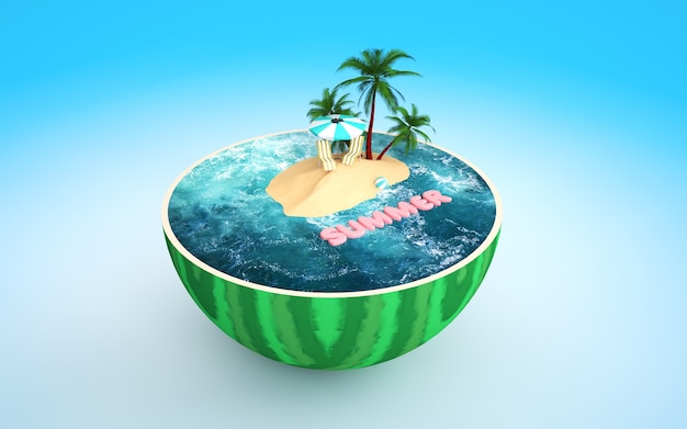 Foto cinema 4d renderização de verão praia e fundo de ilustração de melancia