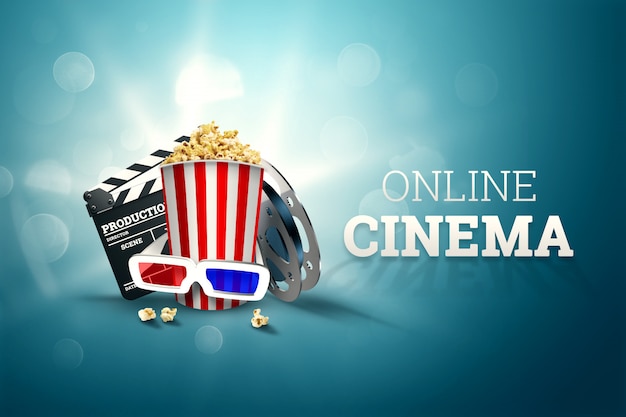 Cinema, atributos de cinema, cinemas, filmes, visualização online, pipoca e óculos.