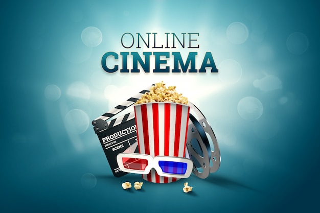 Cinema, atributos de cinema, cinemas, filmes, visualização online, pipoca e óculos.