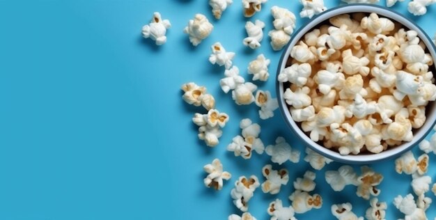 Foto cinema de entretenimento de comida azul lanche de milho fundo clássico caixa branca pipoca ia geradora