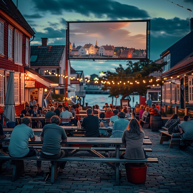 Cinema Nostalgia ao ar livre Grupo de pessoas em mesas de piquenique