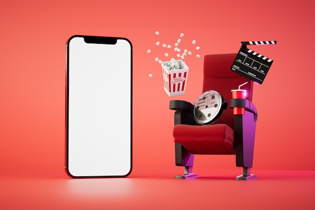 Cinema online, um smartphone ao lado do qual está uma cadeira de filme de vídeo pipoca e refrigerante em um fundo vermelho