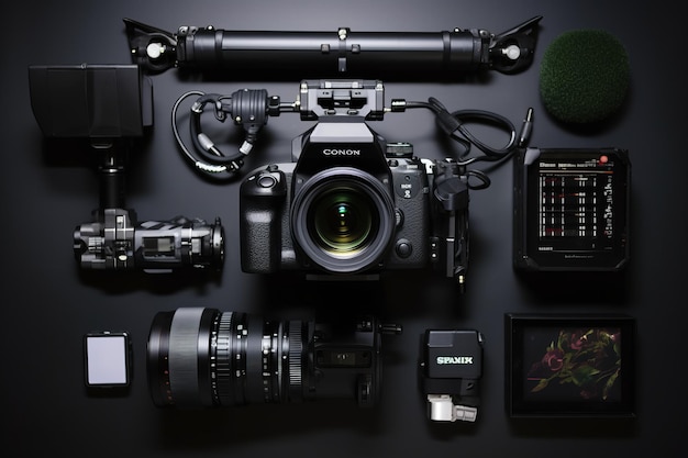 Foto cinematic fusion eine atemberaubende flachlage von kamera- und videoproduktionsgeräten auf einem geheimnisvollen schwarzen rücken