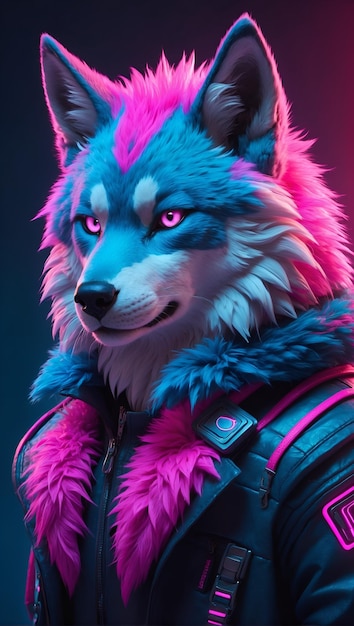 Cinematic Wolf mit Cyberpunk-Kleidung in Neonfarben, eine Mischung aus hellblau und heißrosa