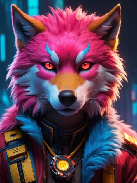 Foto cinematic wolf mit cyberpunk-kleidung in neonfarben, eine mischung aus leuchtend rotem und heißem gold