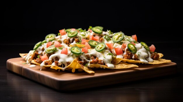 Foto cinematográfico caninecore nachos en una bandeja de madera con salsa