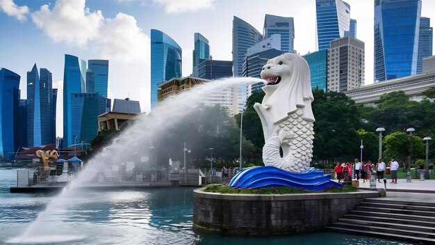 Cingapura, 1o de março de 2016 - estátua de merlion pulverizando a água de sua boca em merlion