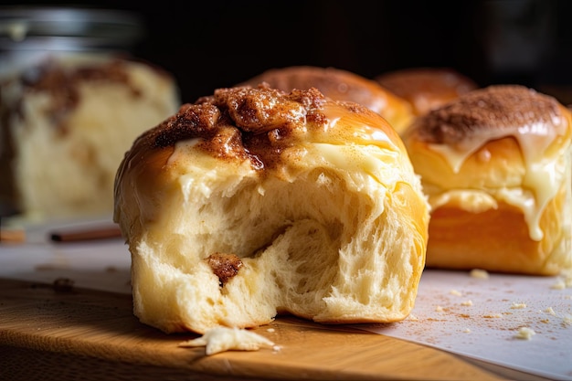 Cinnnbun se come con el exterior de un rollo desmenuzable y escamoso y un relleno de canela pegajosa y dulce