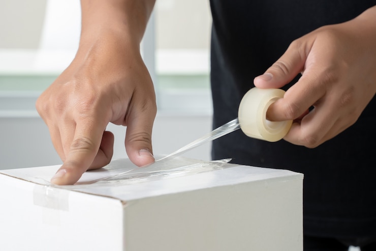 Foto cinta adhesiva de la caja de embalaje del hombre transparente de la mano del hombre.