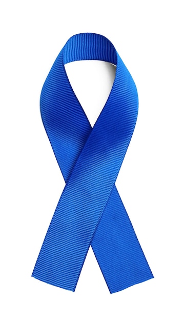 Cinta azul sobre fondo blanco Concepto de concientización sobre el cáncer de colon