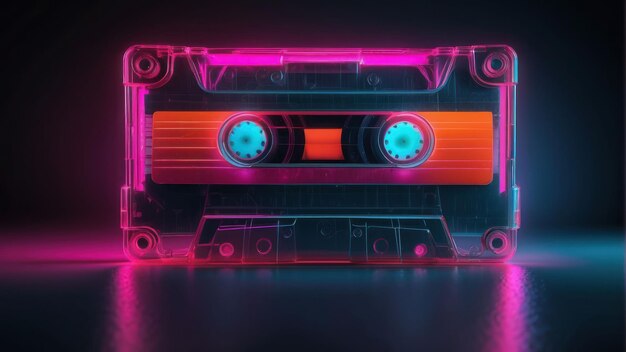 Foto cinta de cassette retro iluminada con neón con un fondo oscuro y vibrante