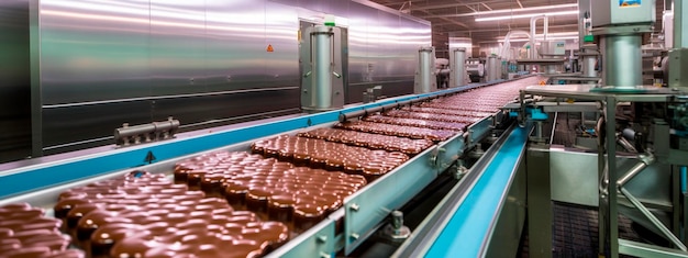 Cinta de chocolate en la industria alimentaria productos listos para envasado automático Concepto con producción de alimentos automatizada IA generativa