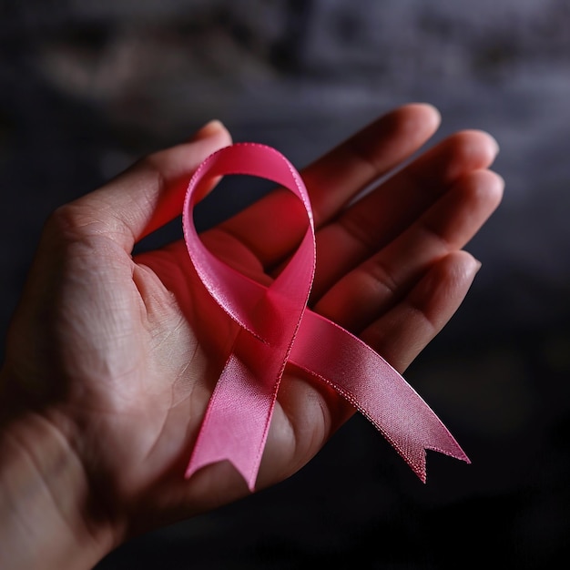 Una cinta de color rosa para concienciar sobre el cáncer en una mano