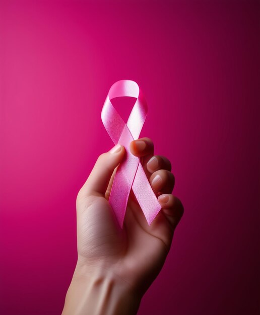 Foto la cinta de concienciación sobre el cáncer el concepto de fondo de color rosa la cinta en la mano