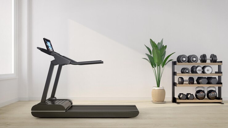 Cinta de correr en sala blanca con soporte para mancuernas