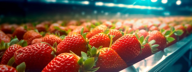 Cinta de fresas en la industria alimentaria productos listos para envasado automático Concepto con producción de alimentos automatizada IA generativa